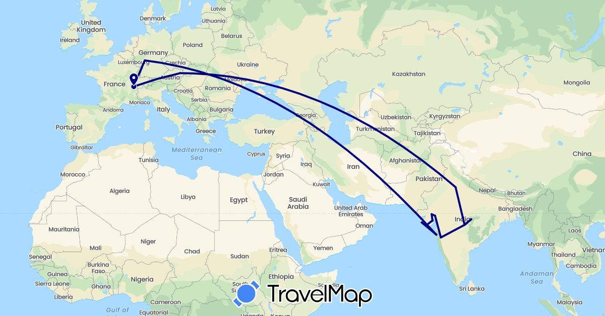 TravelMap itinerary: driving in Austria, Switzerland, Germany, India (Asia, Europe)